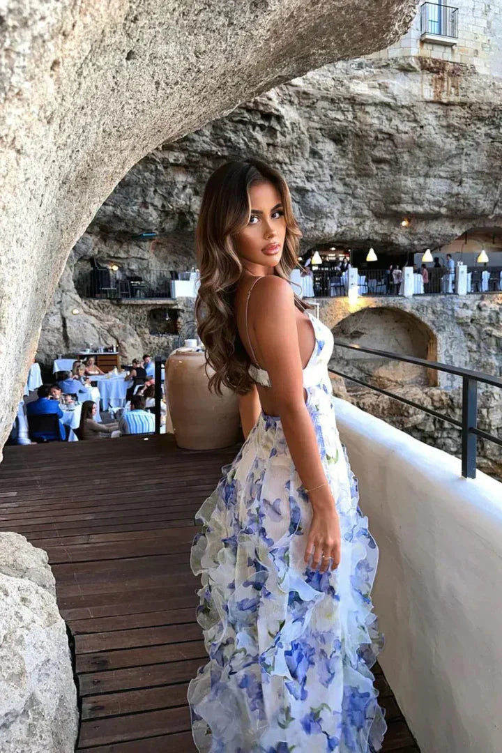 Kvinnors Blommig Klänning Bomull med Volanger 2