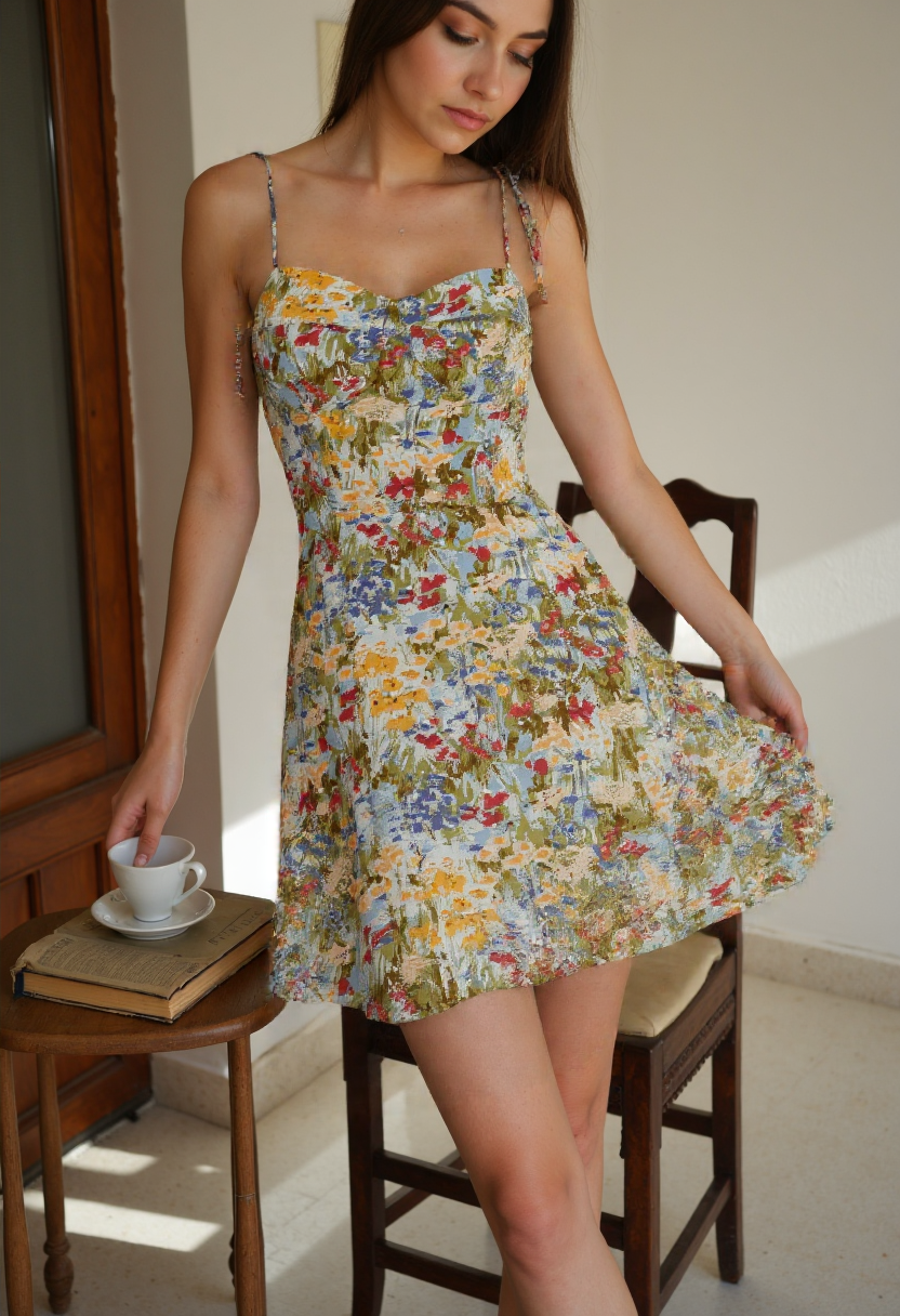 Kort Klänning Dam Blommig Boho 100% Bomull 1