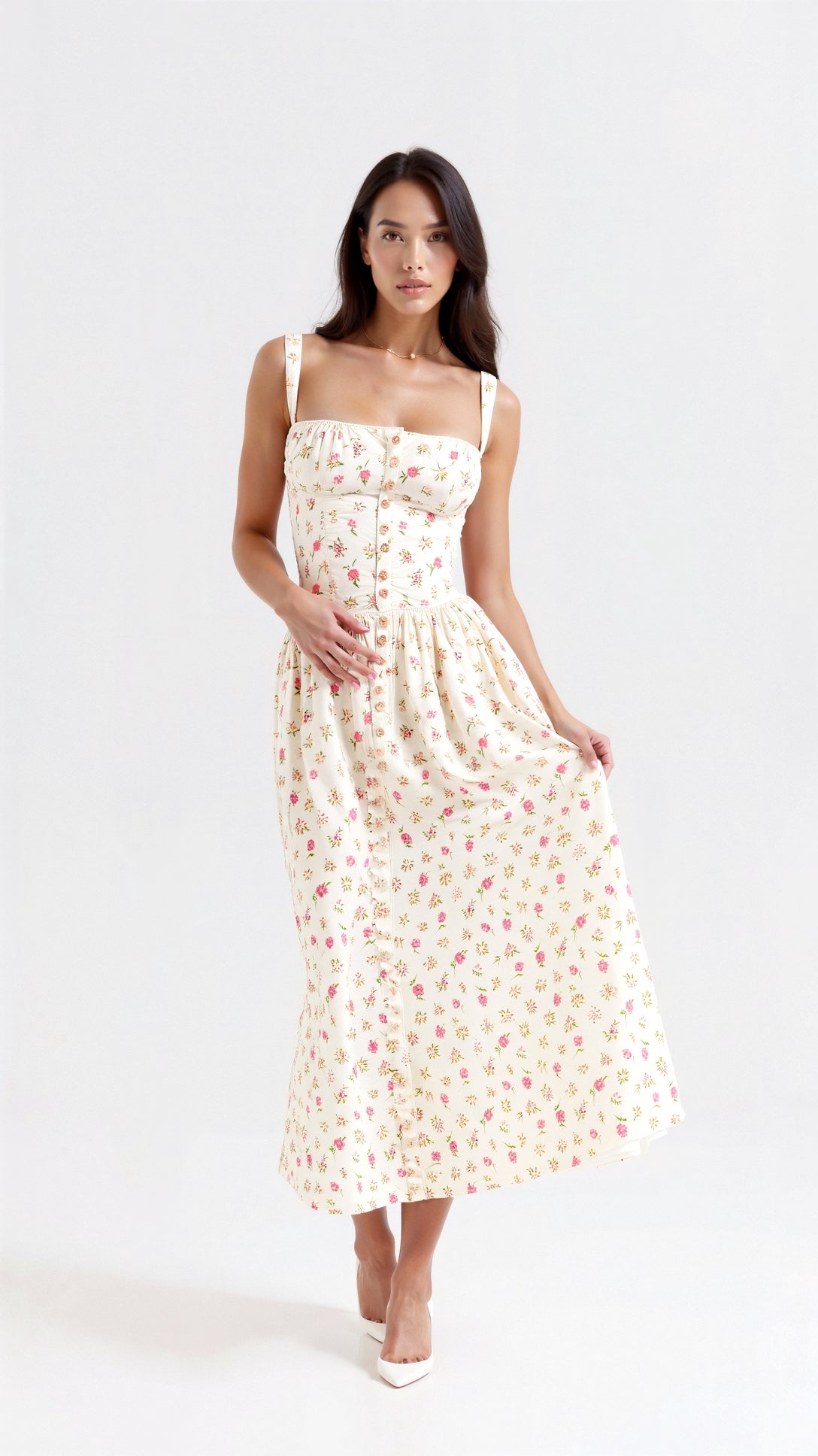 Kvinnors Midi Klänning Bomull Blommönster 0