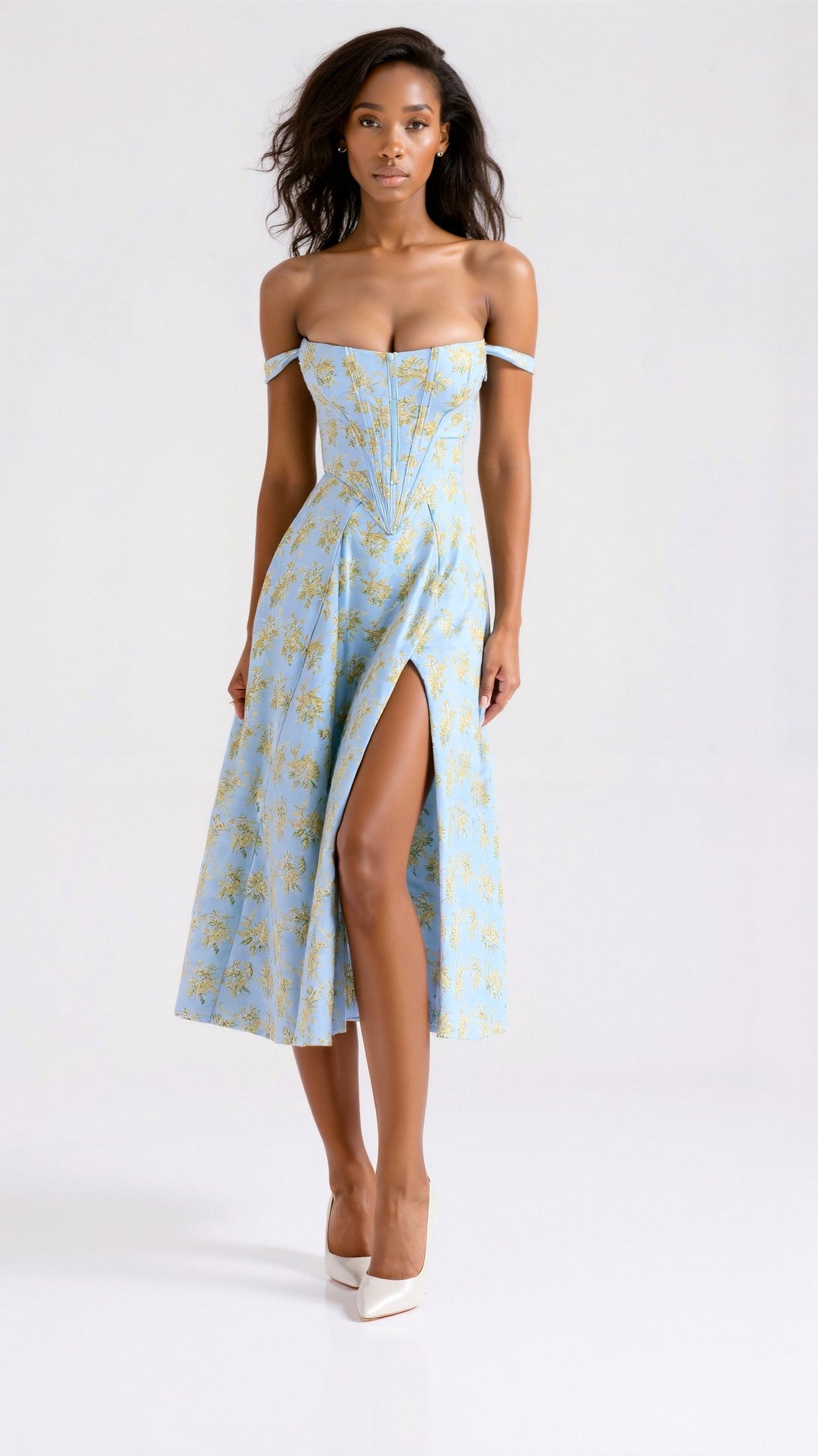 Kvinnors Midi Klänning Jacquard Blommönster Off-Shoulder 0