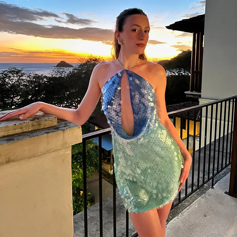 Kvinnors Mini Klänning Polyester med Paljetter Halterneck 6