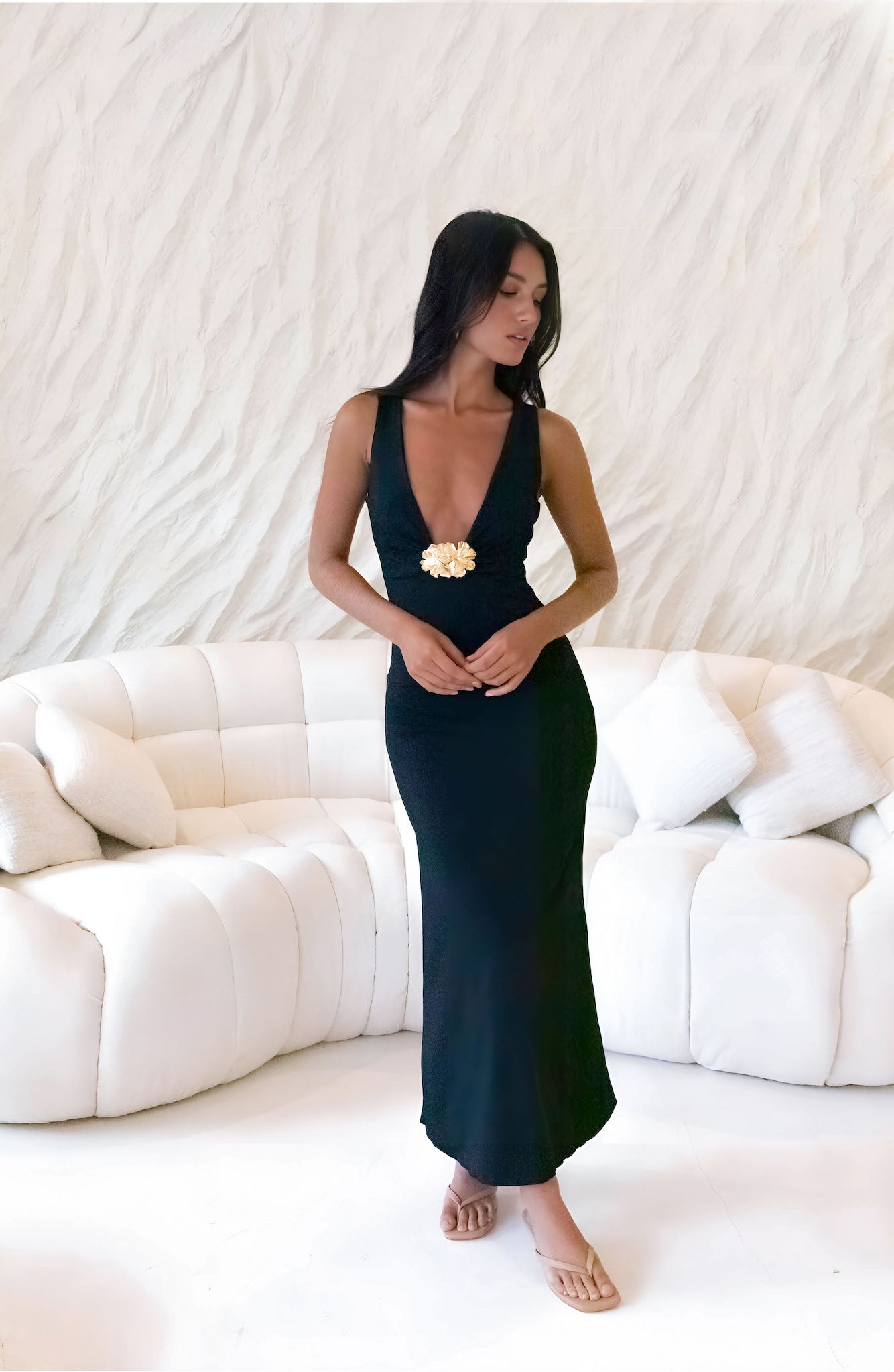 Maxiklänning Dam Svart 65% Bomull 35% Polyester V-Ringning 2