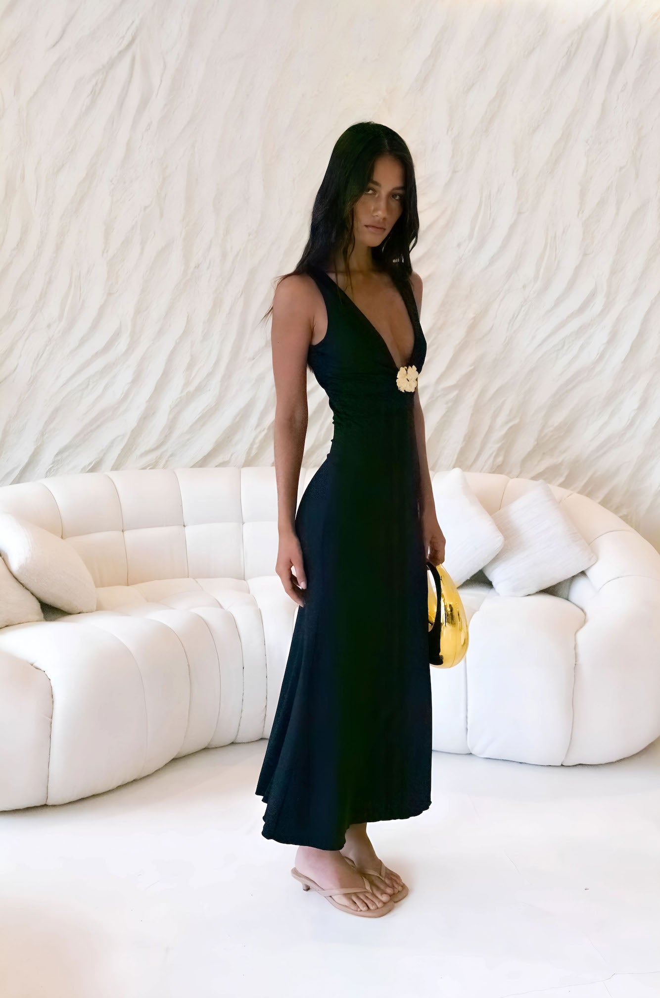 Maxiklänning Dam Svart 65% Bomull 35% Polyester V-Ringning 3