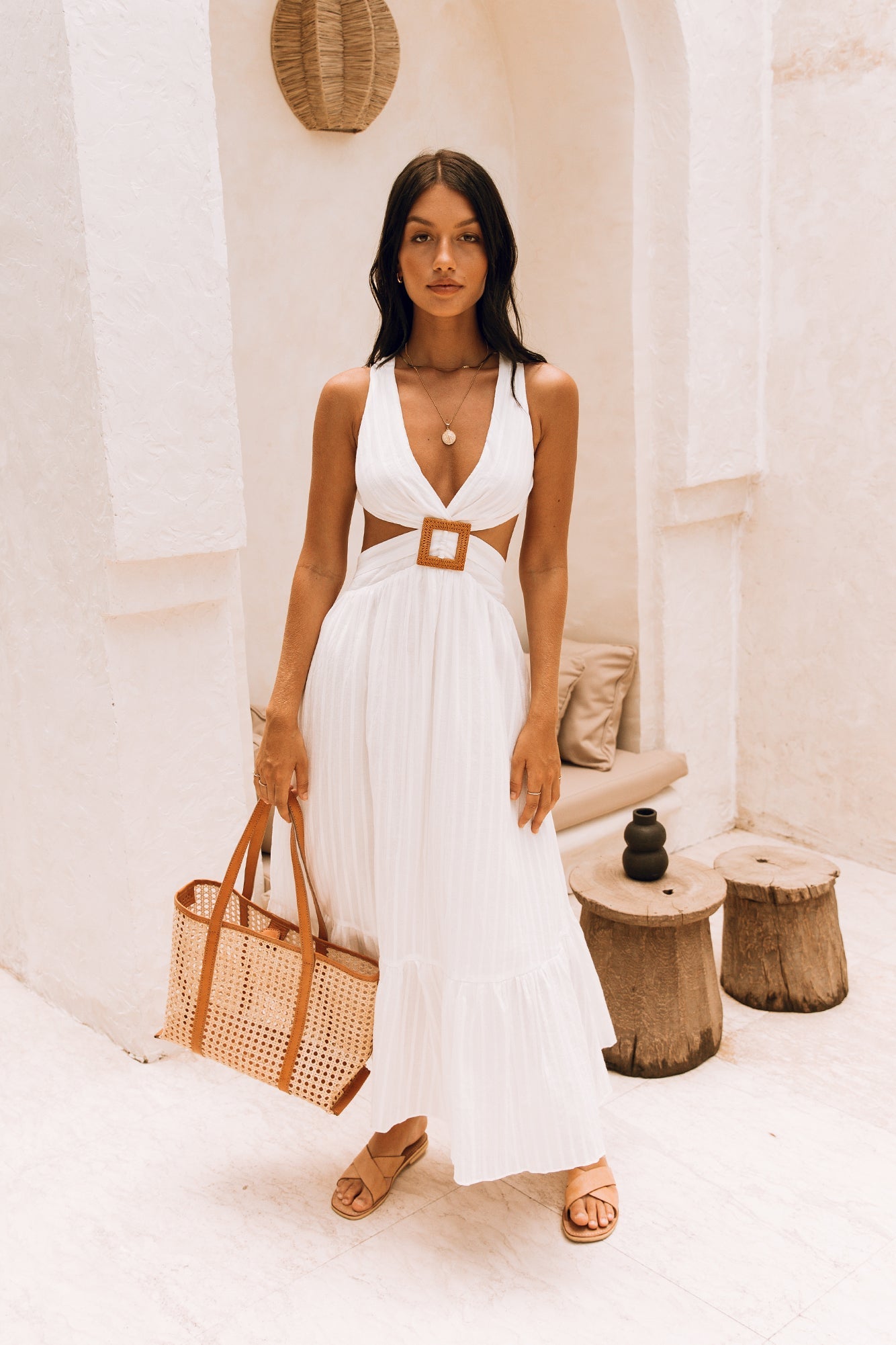 Maxiklänning Dam Vit Bomull med Djup Urringning för Sommar 0