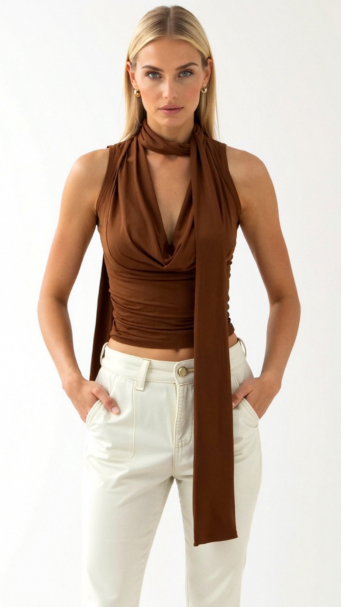 Dam Tank Top Polyester med Dramatisk Cowl-Halsringning 0