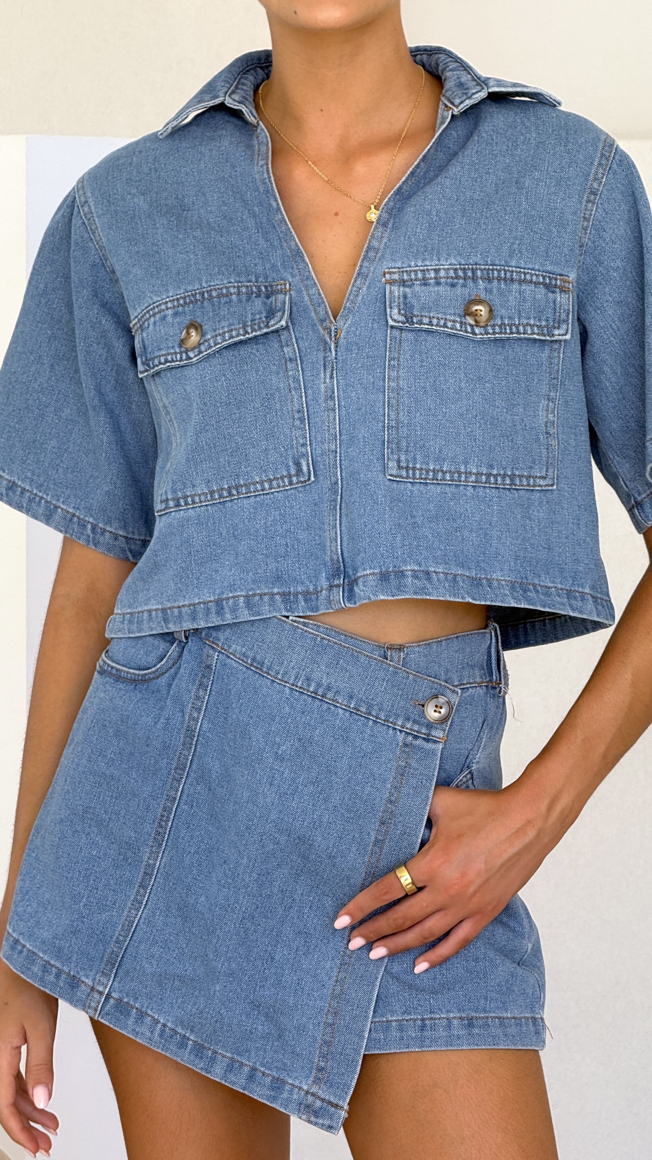 Dam Top och Skort Set i Ljus Denim 100% Bomull - Sommarkläder 0