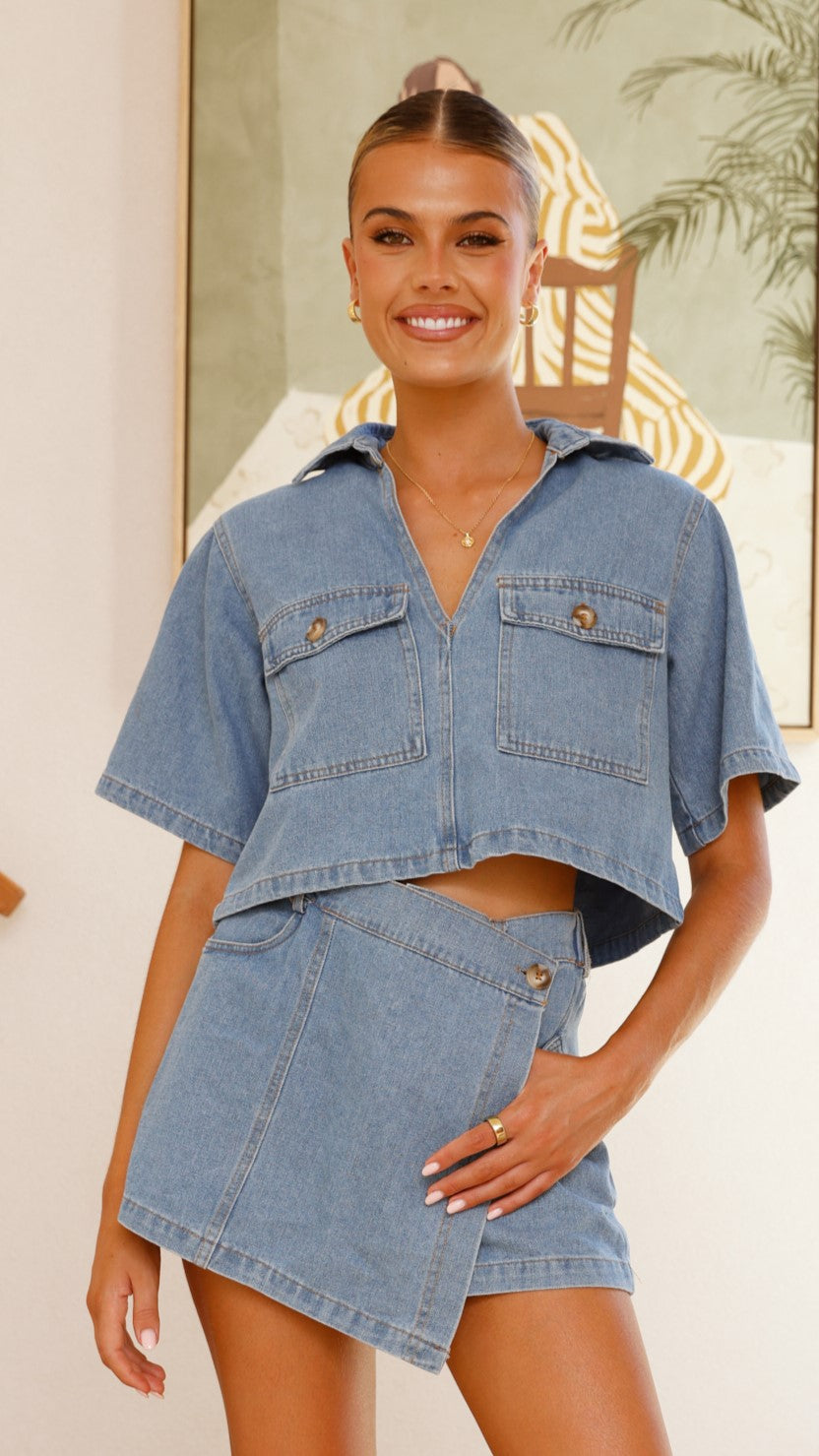 Dam Top och Skort Set i Ljus Denim 100% Bomull - Sommarkläder 4