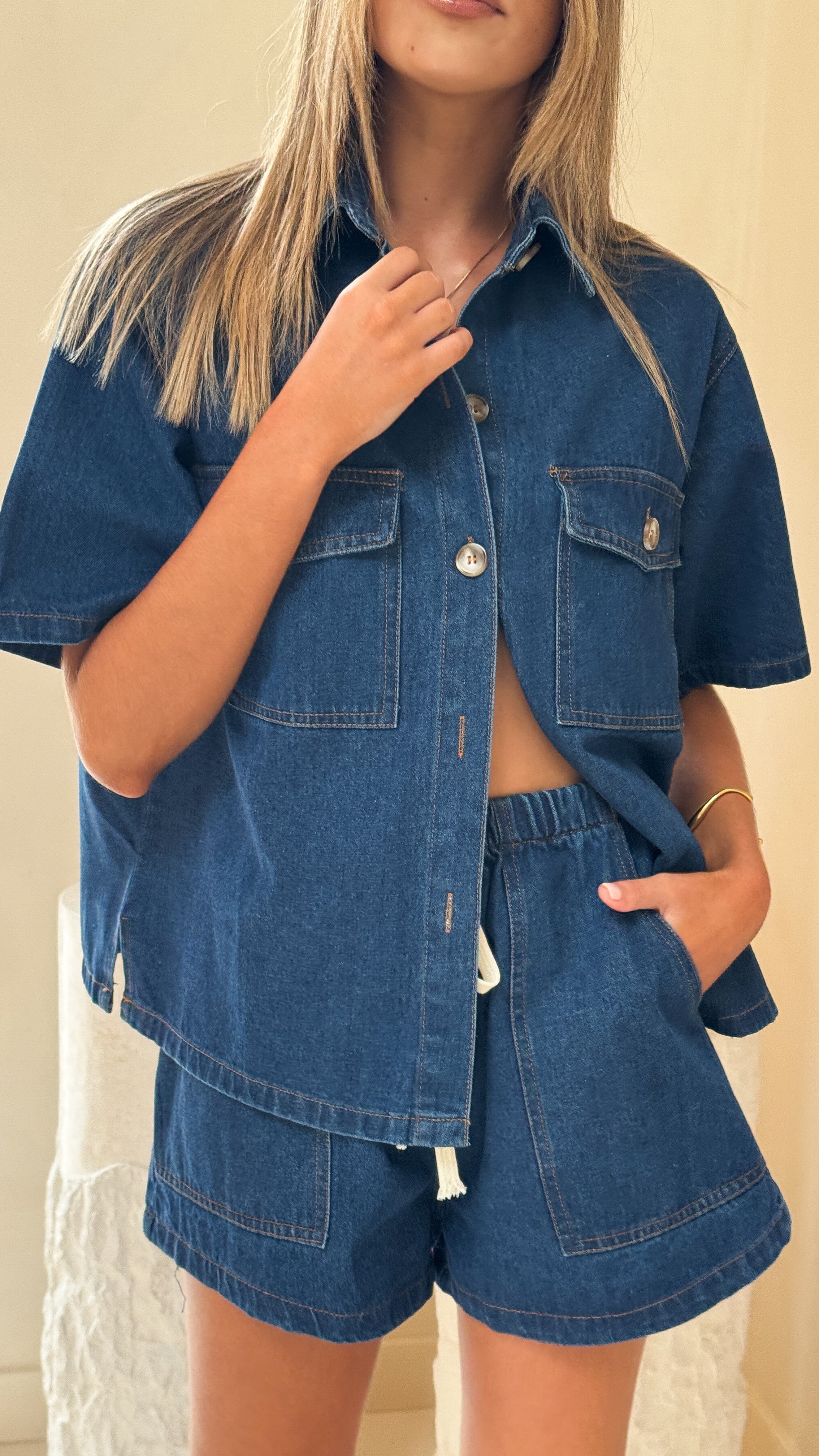 Damer Skjorta och Shorts Set 100% Bomull Mörk Denim 4