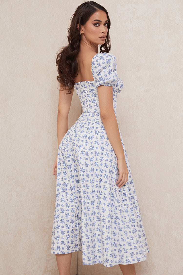 Kvinnors Midi Klänning Blommig Polyester med Puffärmar 1