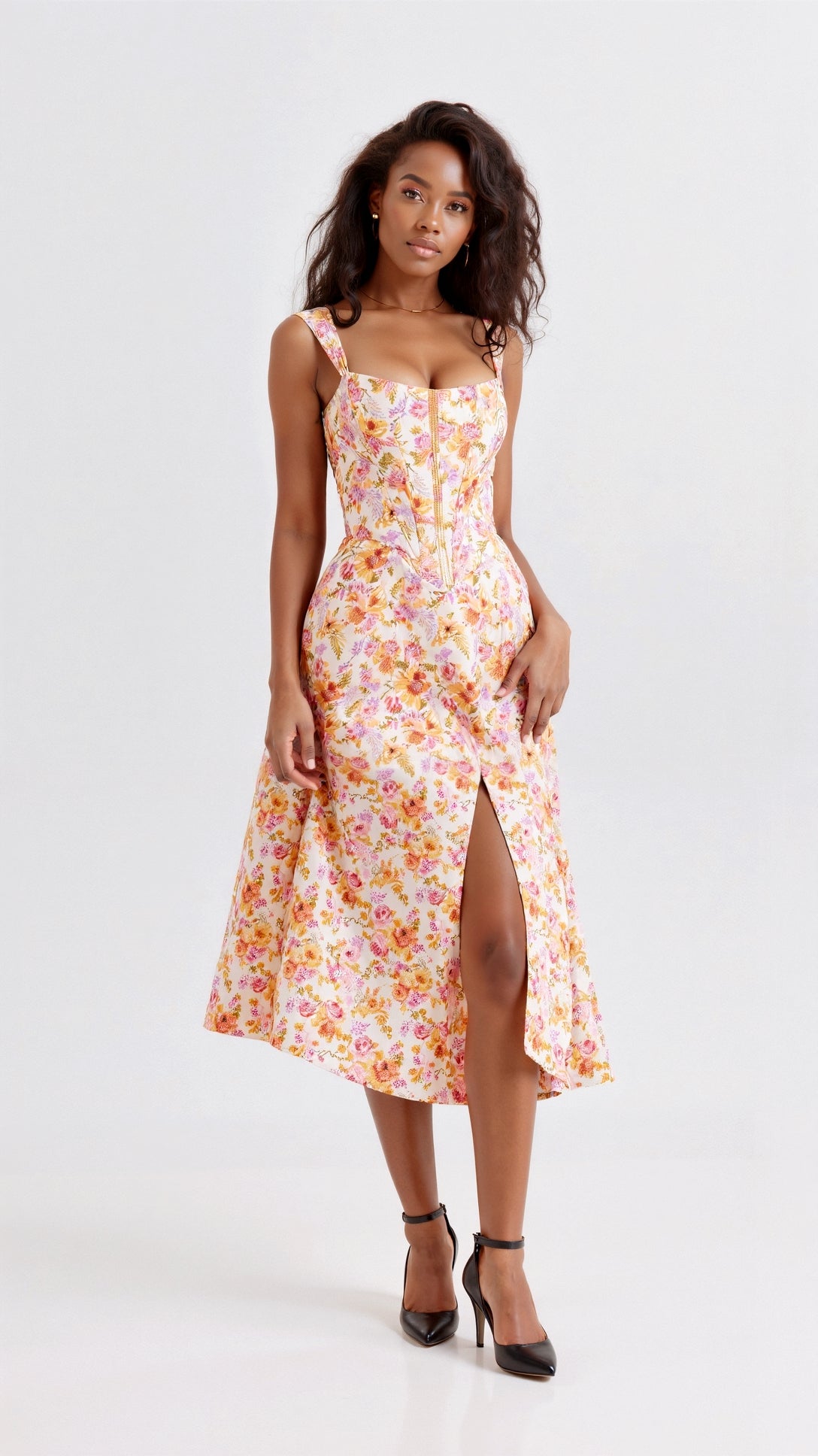 Kvinnors Midi Klänning Jacquard Blommönster Off-Shoulder 6
