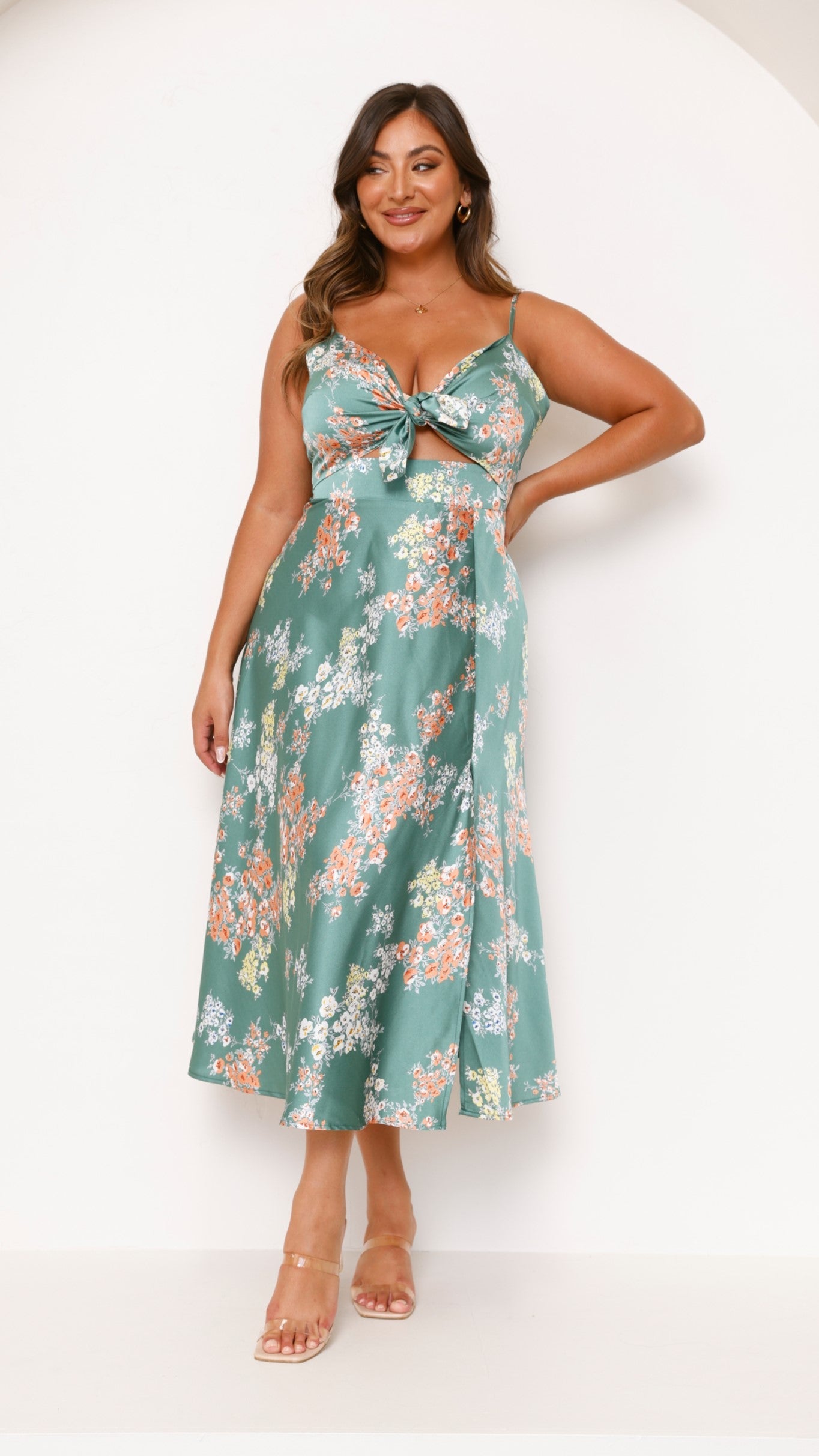 Kvinnors Midi Klänning Polyester Blommig Grön Med Slits 1
