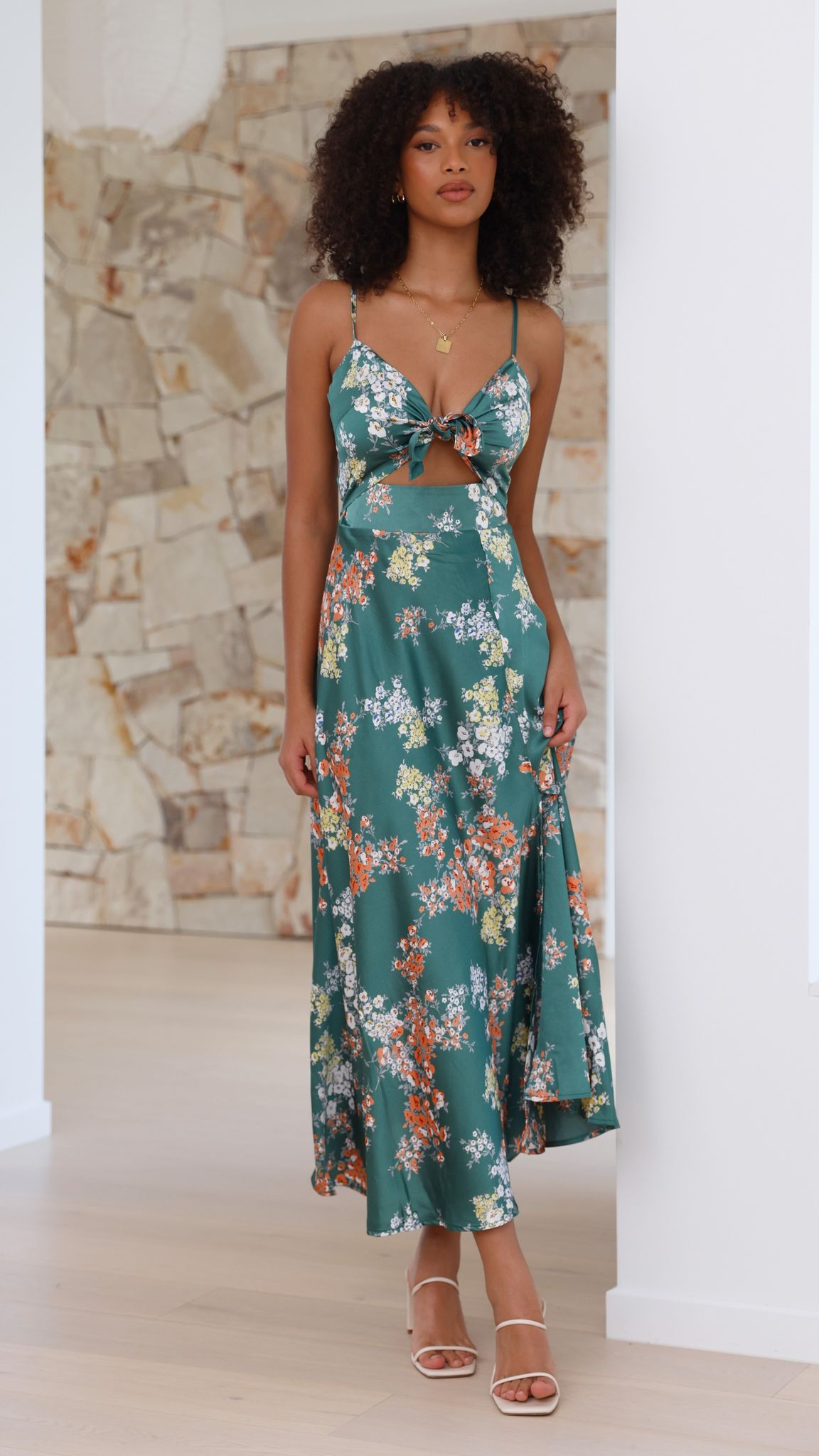 Kvinnors Midi Klänning Polyester Blommig Grön Med Slits 4