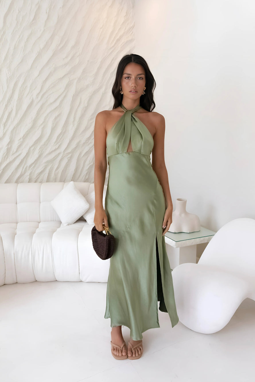 Maxiklänning Dam Satin Olivgrön med Halter-stil och Sidospalt 0