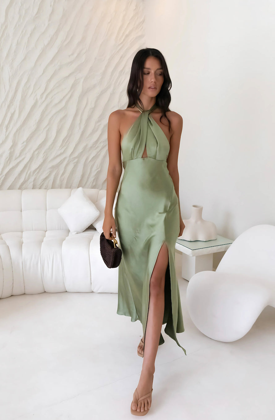 Maxiklänning Dam Satin Olivgrön med Halter-stil och Sidospalt 4