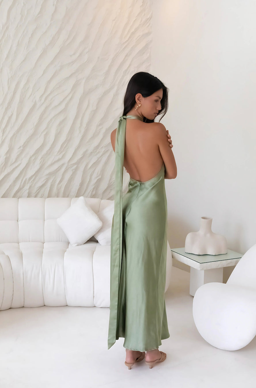 Maxiklänning Dam Satin Olivgrön med Halter-stil och Sidospalt 5
